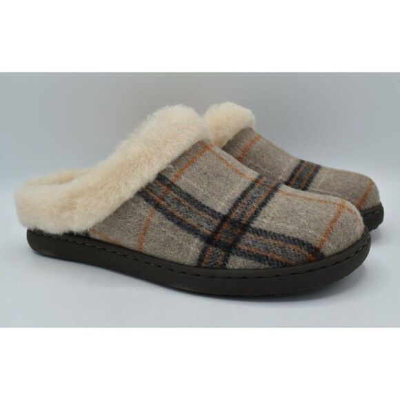 Born Womens Size 11 Ali Genuine Shearling Wool Trim White Plaid Slip On Slippers - Picture 4 of 12